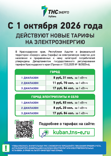 С 1 октября 2026 года действуют новые тарифы на электроэнергию